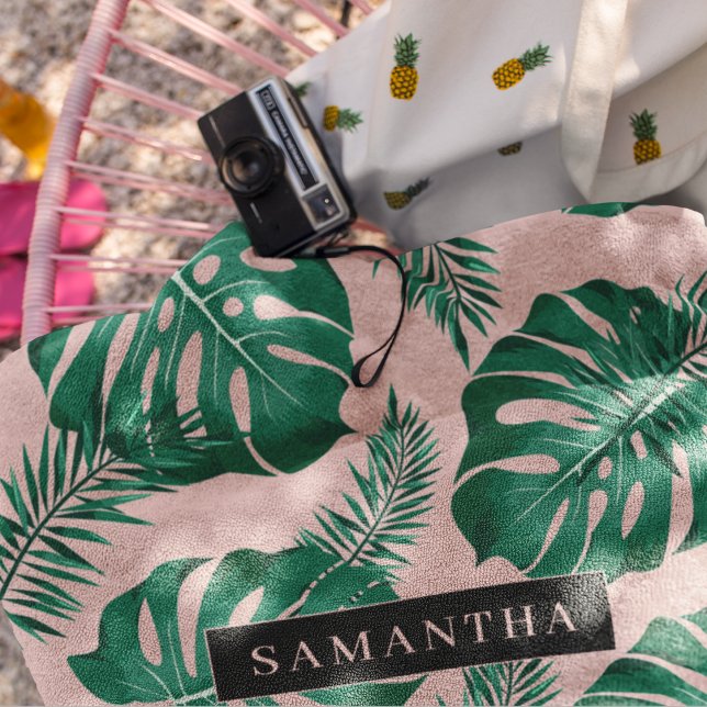 Tropical Pink & Green Palm Leaves Pattern & Name Bath Towel Set (Creator Uploaded)