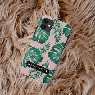 Tropical Pink & Green Palm Leaves Pattern & Name Case-Mate iPhone Case