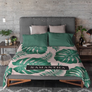 Tropical Pink & Green Palm Leaves Pattern & Name Fleece Blanket