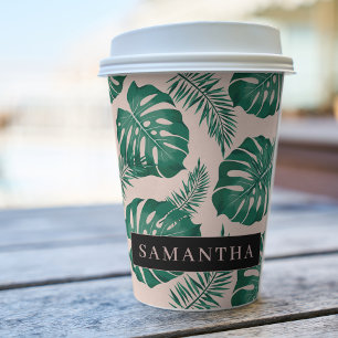 Tropical Pink & Green Palm Leaves Pattern & Name Paper Cups
