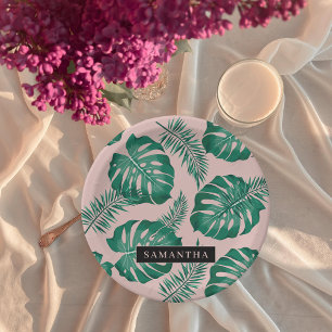 Tropical Pink & Green Palm Leaves Pattern & Name Paper Plate