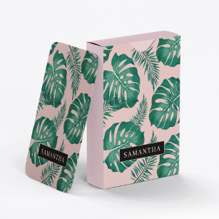 Tropical Pink & Green Palm Leaves Pattern & Name Playing Cards