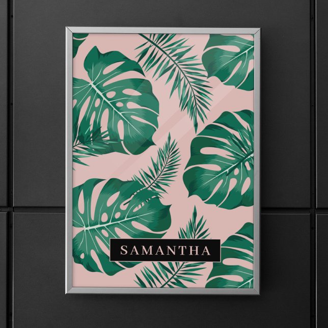 Tropical Pink & Green Palm Leaves Pattern & Name Poster (Creator Uploaded)