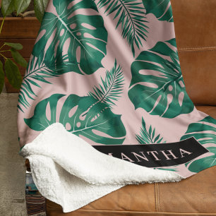 Tropical Pink & Green Palm Leaves Pattern & Name Sherpa Blanket