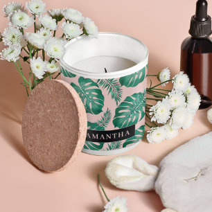 Tropical Pink & Green Palm Leaves Pattern & Name Square Sticker