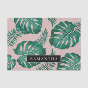 Tropical Pink & Green Palm Leaves Pattern & Name Tissue Paper