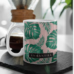 Tropical Pink & Green Palm Leaves Pattern & Name Two-Tone Coffee Mug<br><div class="desc">The Tropical Pink & Green Palm Leaves pattern is a vibrant and lively design that incorporates elements of nature and a tropical aesthetic. The pattern features lush palm leaves in shades of pink and green, creating a striking contrast and an overall eye-catching appearance.Overall, the Tropical Pink & Green Palm Leaves...</div>