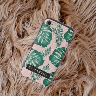 Tropical Pink & Green Palm Leaves Pattern & Name iPhone 8/7 Slider Case