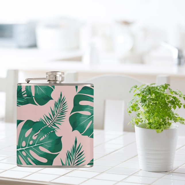 Tropical Pink & Green Palm Leaves Seamless Pattern Hip Flask (Creator Uploaded)