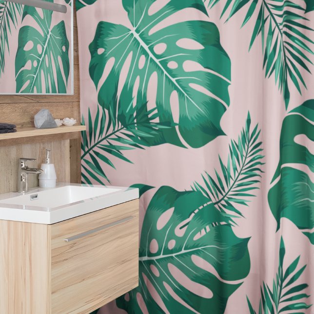 Tropical Pink & Green Palm Leaves Seamless Pattern Shower Curtain (Creator Uploaded)