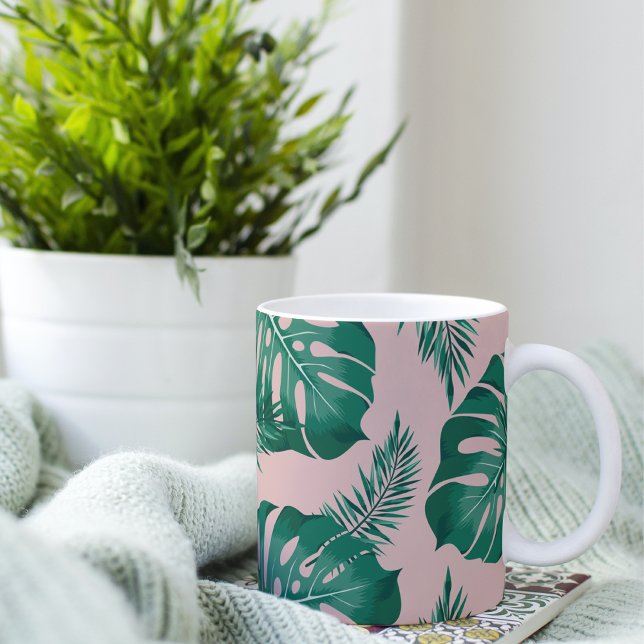 Tropical Pink & Green Palm Leaves Seamless Pattern Two-Tone Coffee Mug (Creator Uploaded)
