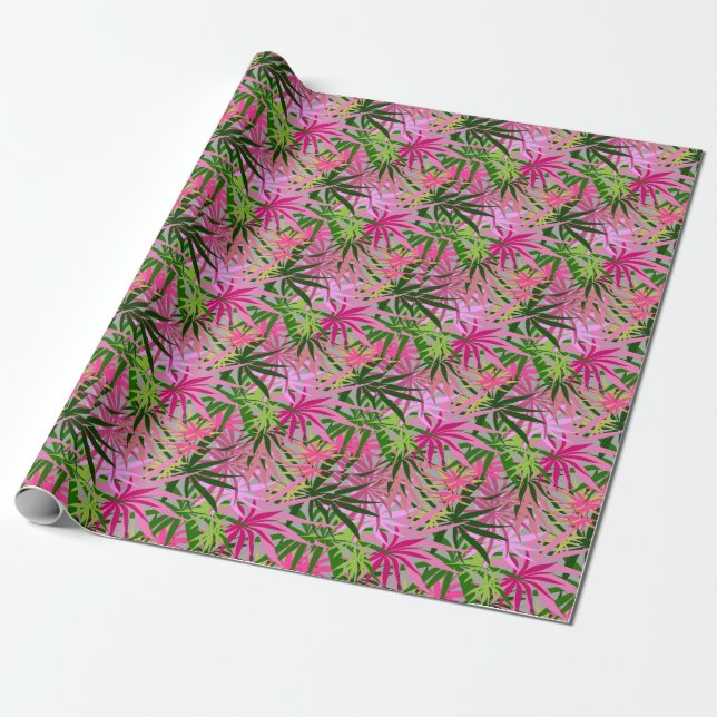 Tropical Pink Green Palms Wrapping Paper (Unrolled)