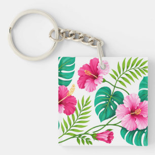 Tropical Pink Hibiscus and Monstera Leaves Key Ring