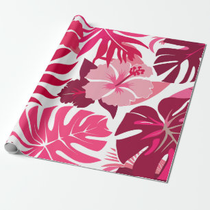 Tropical Pink Hibiscus and Monstera Leaves Pattern Wrapping Paper