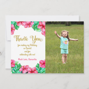 Tropical Pink Hibiscus Birthday Photo Thank You Card
