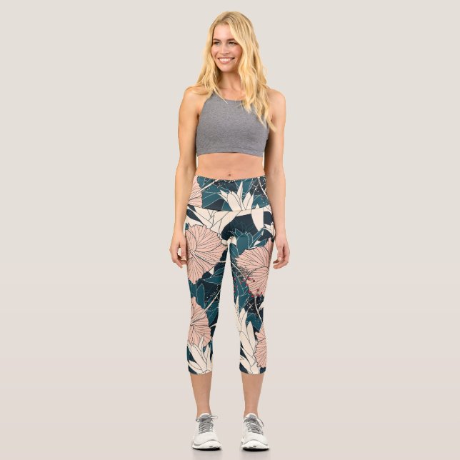 Tropical pink hibiscus, dark background capri leggings (Front)
