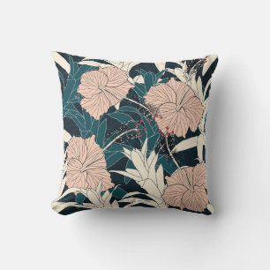 Tropical pink hibiscus, dark background cushion