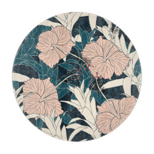 Tropical pink hibiscus, dark background cutting board