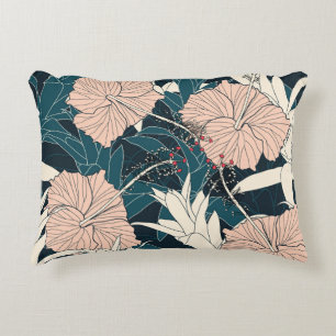 Tropical pink hibiscus, dark background decorative cushion
