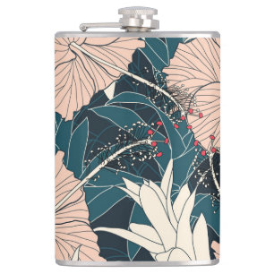 Tropical pink hibiscus, dark background hip flask