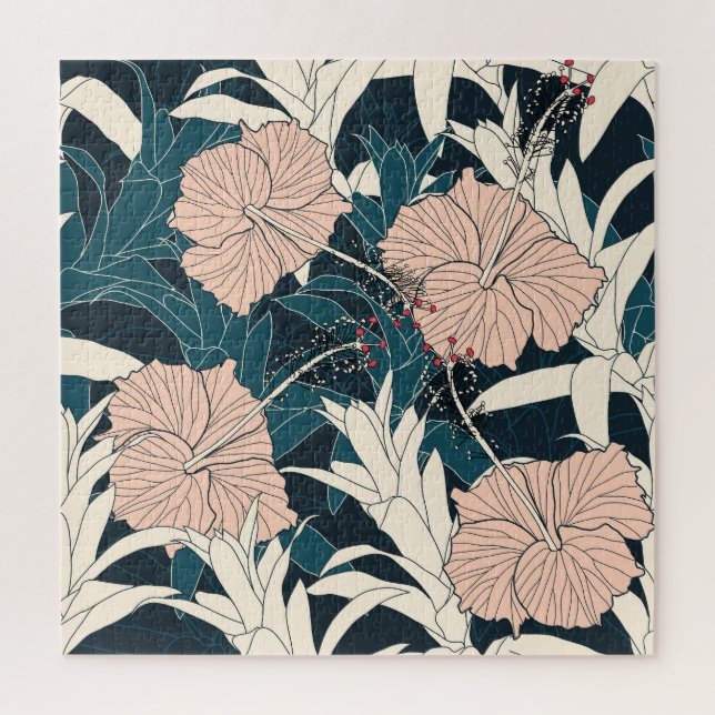 Tropical pink hibiscus, dark background jigsaw puzzle (Vertical)