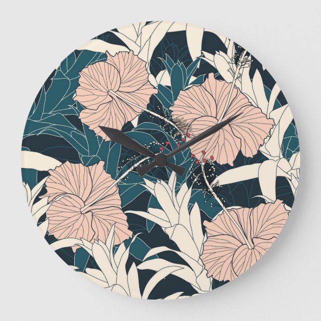 Tropical pink hibiscus, dark background large clock (Front)