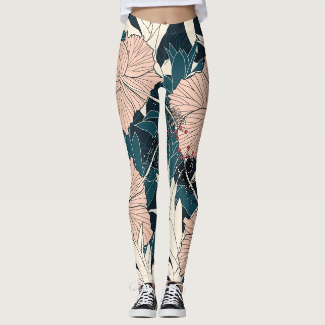 Tropical pink hibiscus, dark background leggings (Front)
