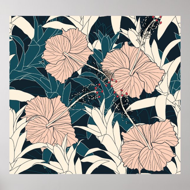 Tropical pink hibiscus, dark background poster (Front)