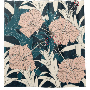 Tropical pink hibiscus, dark background shower curtain