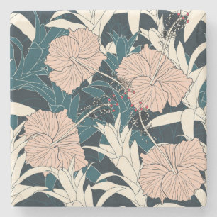 Tropical pink hibiscus, dark background stone coaster
