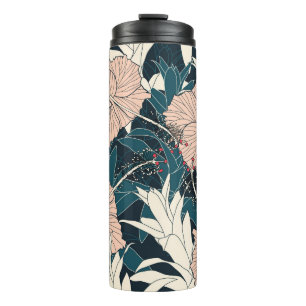 Tropical pink hibiscus, dark background thermal tumbler