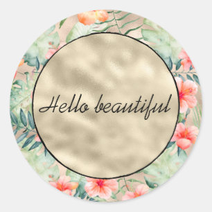 Tropical Pink Hibiscus Floral Gold Glam     Classic Round Sticker