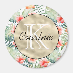 Tropical Pink Hibiscus Floral Gold Monogram Magnet