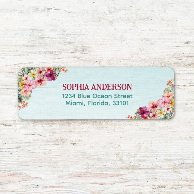Tropical Pink Hibiscus Floral Return Address (Close up)