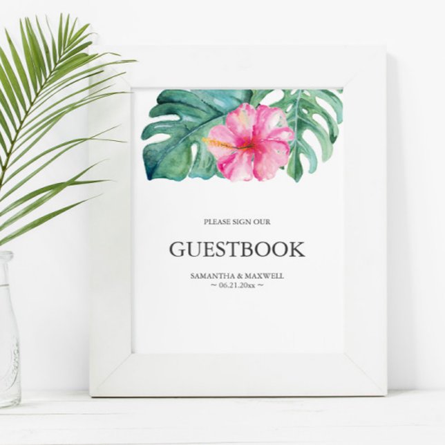 Tropical Pink Hibiscus Flower Wedding Guestbook (Wedding guest book sign features watercolor pink hibiscus flower and monstera palm leaves )