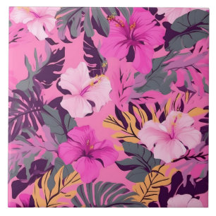 Tropical Pink Hibiscus - Leafy Floral Design Tile