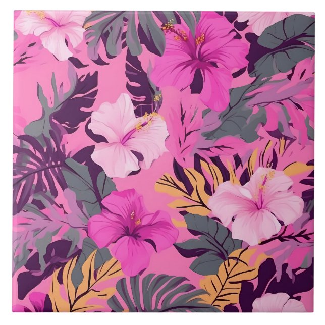 Tropical Pink Hibiscus - Leafy Floral Design Tile (Front)