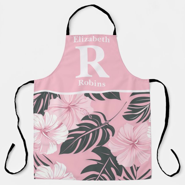 Tropical pink hibiscus personalised  apron (Front)