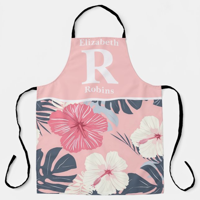 Tropical pink hibiscus personalised  apron (Front)