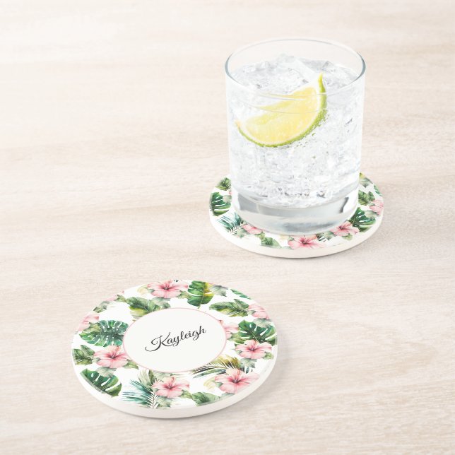 Tropical Pink Hibiscus Personalised Coaster (Side)