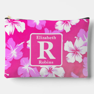 Tropical pink hibiscus personalised Monogram  Accessory Pouch