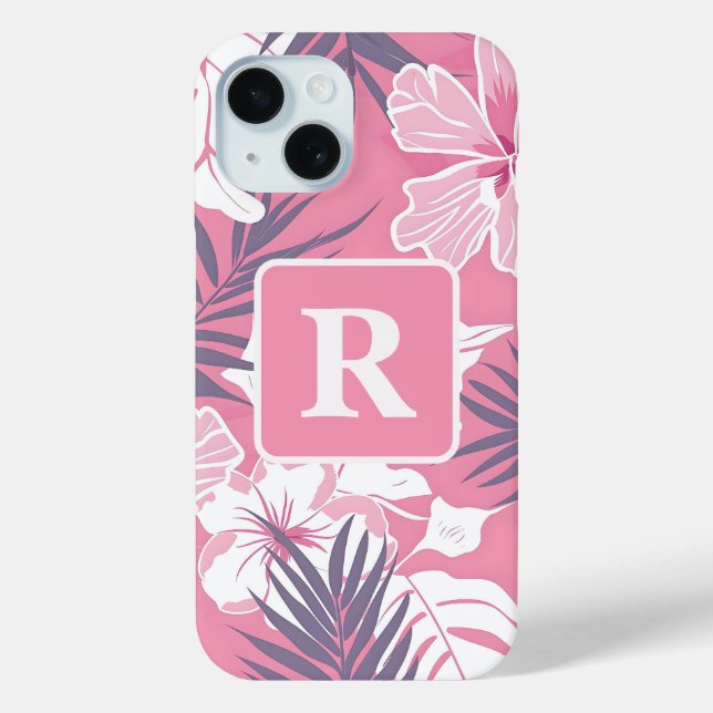 Tropical pink hibiscus personalised Monogram Case-Mate iPhone Case (Back)