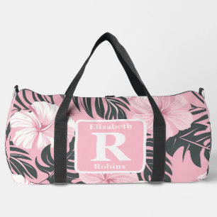 Tropical pink hibiscus personalised Monogram  Duffle Bag