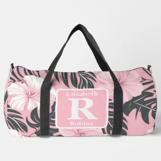 Tropical pink hibiscus personalised Monogram  Duffle Bag