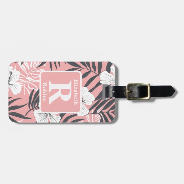 Tropical pink hibiscus personalised Monogram Luggage Tag (Front Horizontal)