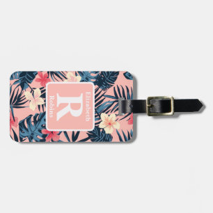 Tropical pink hibiscus personalised Monogram Luggage Tag