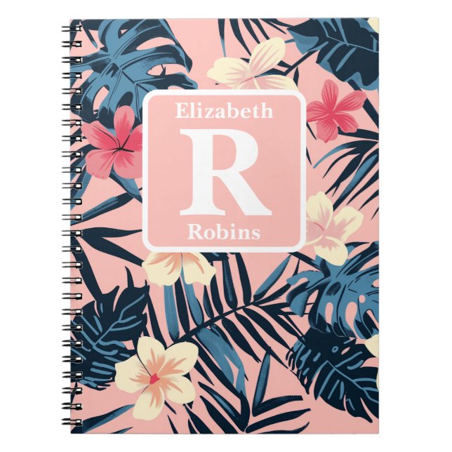 Tropical pink hibiscus personalised Monogram Notebook (Front)