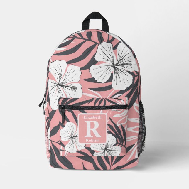 Tropical pink hibiscus personalised Monogram  Printed Backpack (Front)