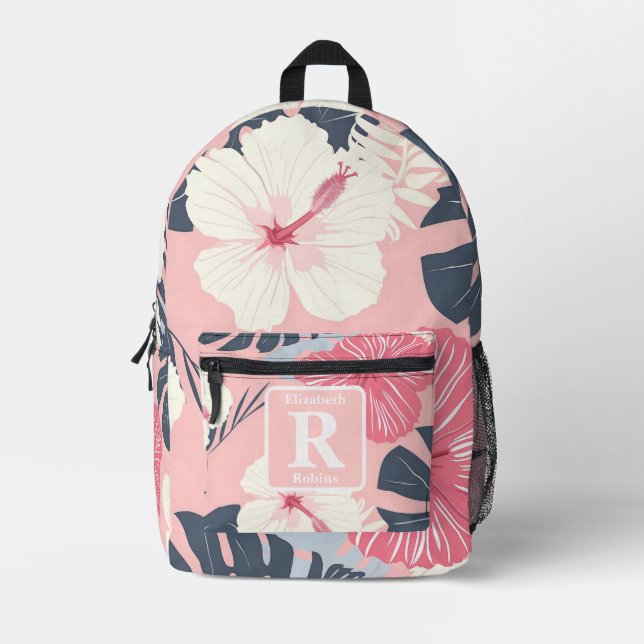 Tropical pink hibiscus personalised Monogram  Printed Backpack (Front)