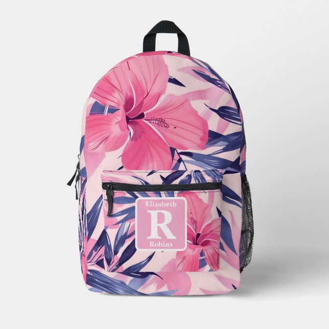 Tropical pink hibiscus personalised Monogram  Printed Backpack (Front)